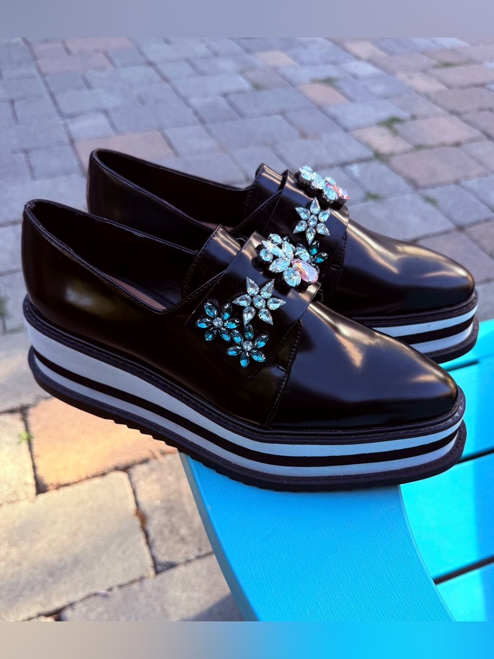 Womens ZARA "Derby" Rhinestone Embellished Almond Toe Platform Oxfords Size 7.5